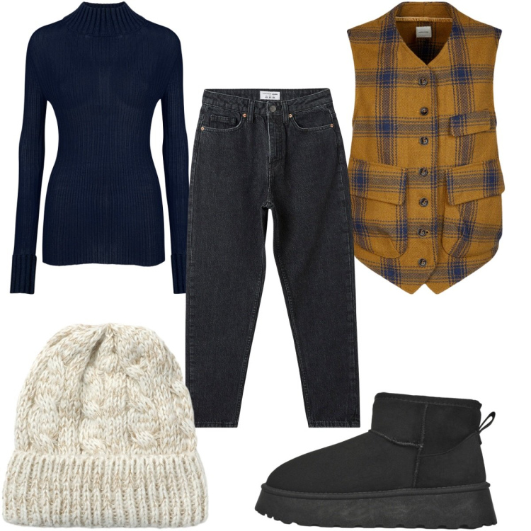 Outfit donna - Total look #2266854. Stile Casual per Tutti i giorni. Abbinamento con jeans mom, stivaletti, berretti, gilet, maglieria.