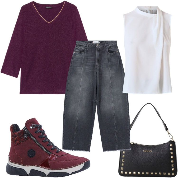 Outfit donna - Total look #2266855. Stile Casual per Tutti i giorni. Abbinamento con stivaletti, pantaloni a palazzo, top, pochette, bluse.