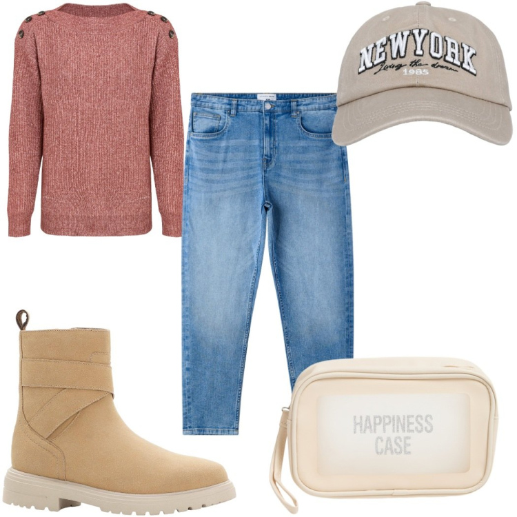 Outfit donna - Total look #2266857. Stile Basic per Tutti i giorni. Abbinamento con maglieria, stivaletti, jeans mom, cappelli con visiera, valigie.
