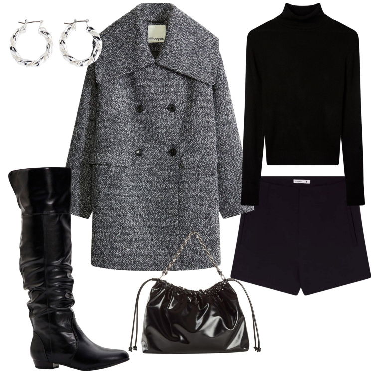 Outfit donna - Serata al Top. Stile Sexy per Serata fuori. Abbinamento con stivali sopra il ginocchio, orecchini, shopping bag, cappotti, shorts, maglieria.