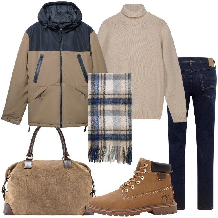 Outfit uomo - Fuori per il weekend. Stile Casual per Tutti i giorni. Abbinamento con jeans dritti, stivali e stivaletti, bomber, sciarpe, borse sportive, pullovers.
