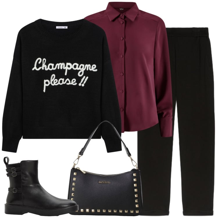 Outfit donna - Un po\' di allegria. Stile Casual chic per Serata fuori. Abbinamento con stivaletti, maglieria, camicie, pochette, pantaloni.