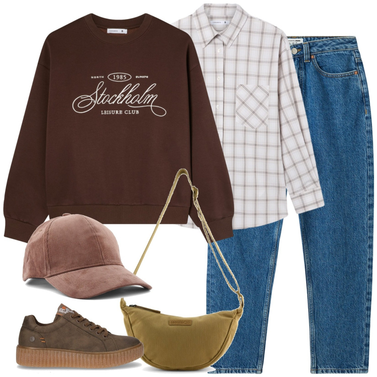 Outfit donna - Uno stile urbano. Stile Urban per Tutti i giorni. Abbinamento con jeans mom, felpe, camicie, sneakers, cappelli con visiera, borse a tracolla.