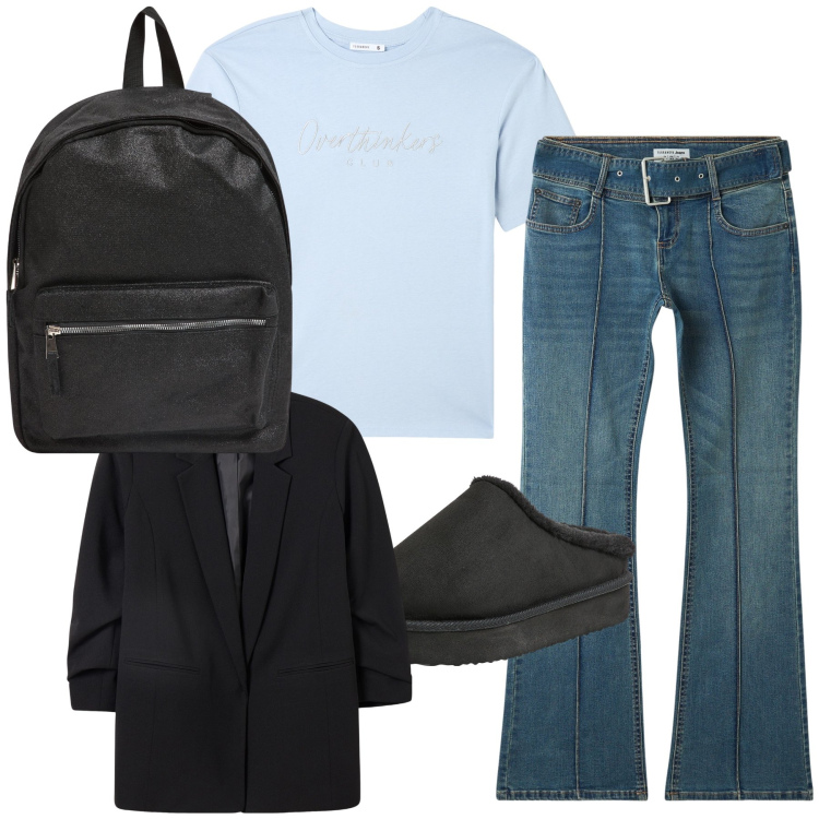 Outfit donna - Terranova sportiva ma elegante. Stile Sporty chic per Tutti i giorni. Abbinamento con jeans a zampa, zaini, sabot, t-shirt, blazer.