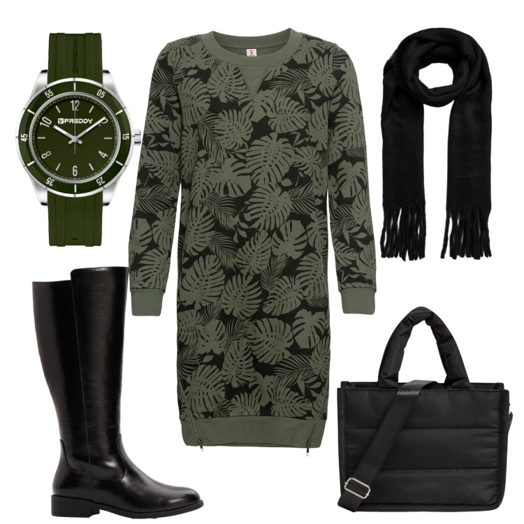 Outfit donna - L\'abito felpato. Stile Basic per Ufficio. Abbinamento con vestiti, stivali, shopping bag, sciarpe, orologi.