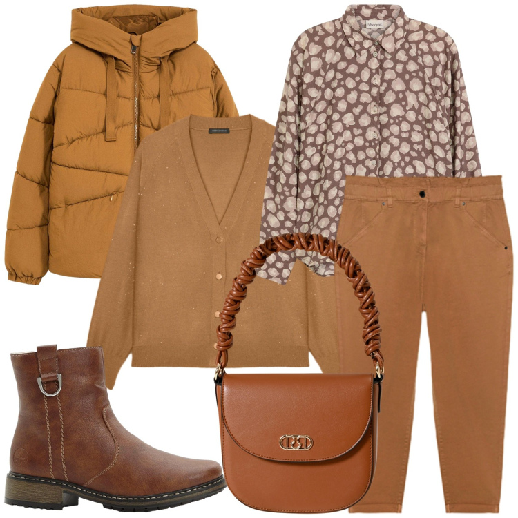 Outfit donna - Color caramello per la serenità. Stile Casual per Tutti i giorni. Abbinamento con stivaletti, camicie, giacche, borse a mano, pantaloni, cardigans.