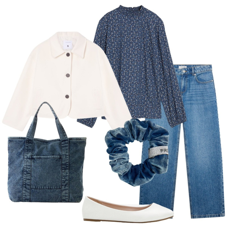 Outfit donna - Vado di fretta. Stile Basic per Tutti i giorni. Abbinamento con ballerine, shopping bag, bluse, blazer, jeans, accessori per capelli.