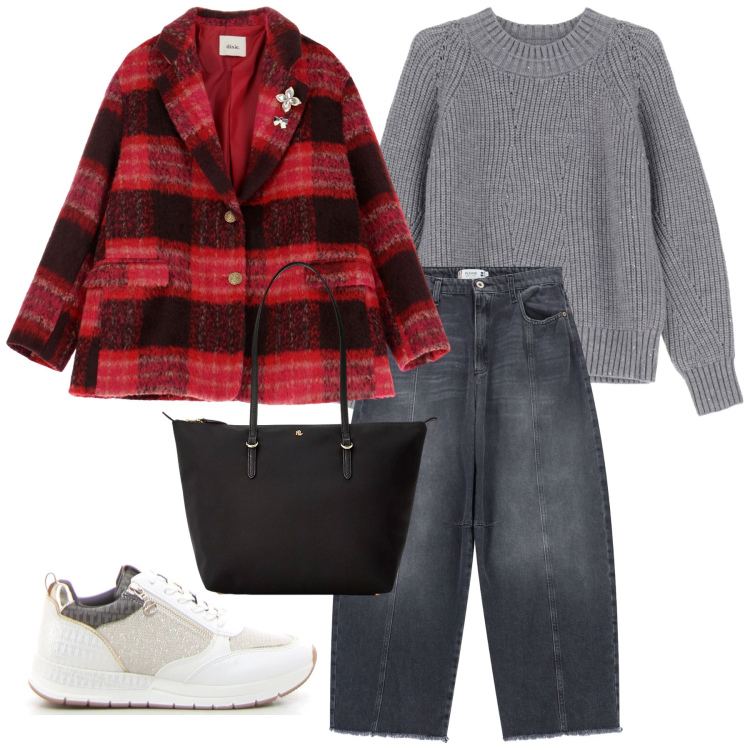 Outfit donna - Giacca in lana. Stile Casual per Tutti i giorni. Abbinamento con pantaloni a palazzo, maglieria, blazer, borse tote, sneakers alte.