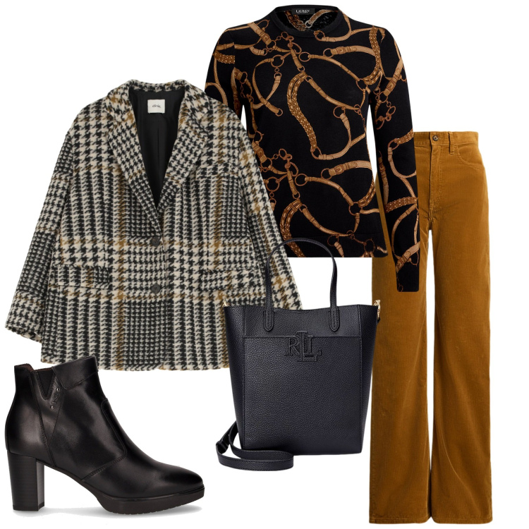 Outfit donna - Giacca in lana. Stile Chic per Tutti i giorni. Abbinamento con blazer, borse tote, pantaloni, maglieria, stivaletti.