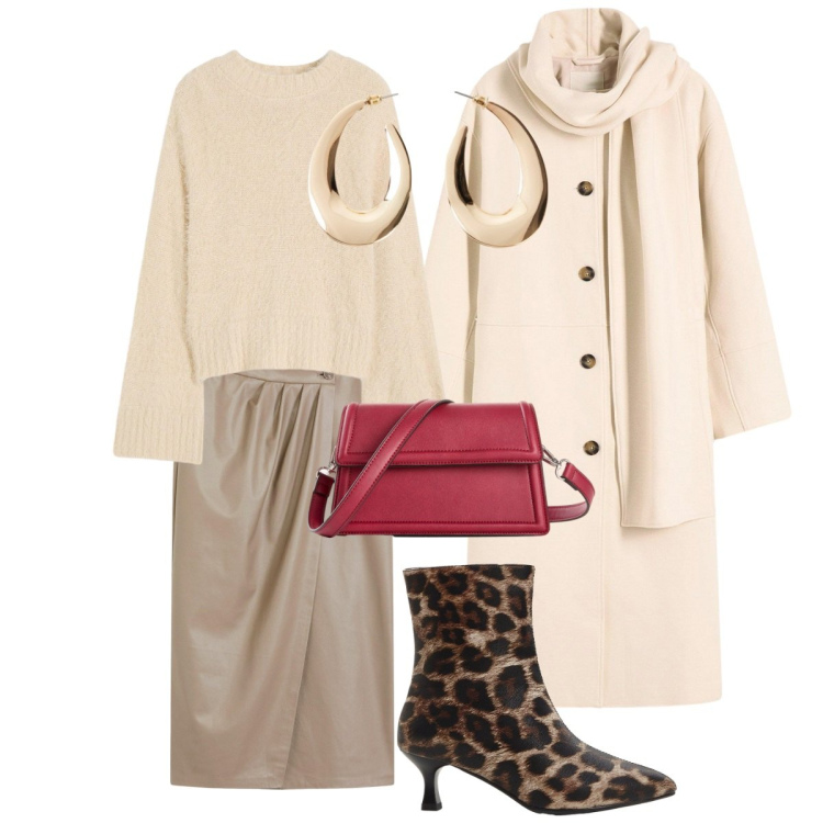 Outfit donna - Bonprix. Stile Trendy per Ufficio. Abbinamento con maglieria, cappotti, stivaletti, gonne longuette, orecchini, borse a tracolla.