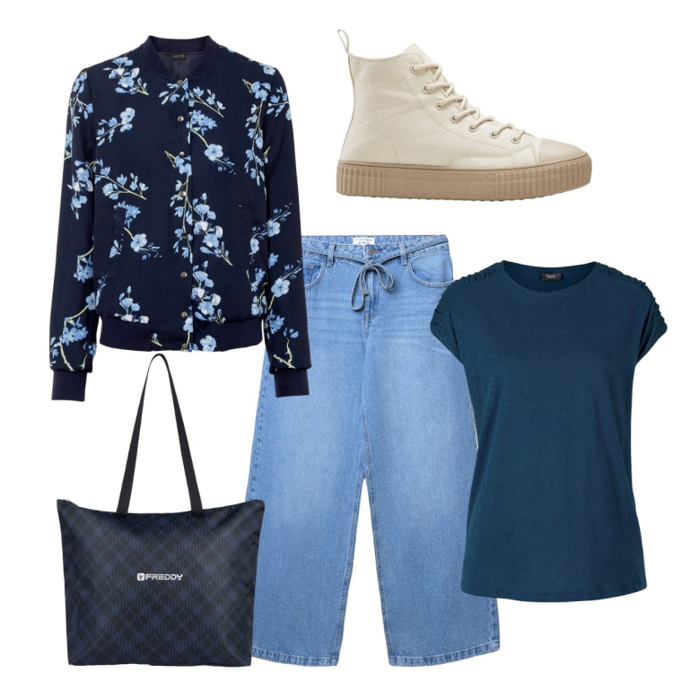 Outfit donna - La felpa fiorata. Stile Basic per Tutti i giorni. Abbinamento con bomber, t-shirt, sneakers alte, jeans, shopping bag.