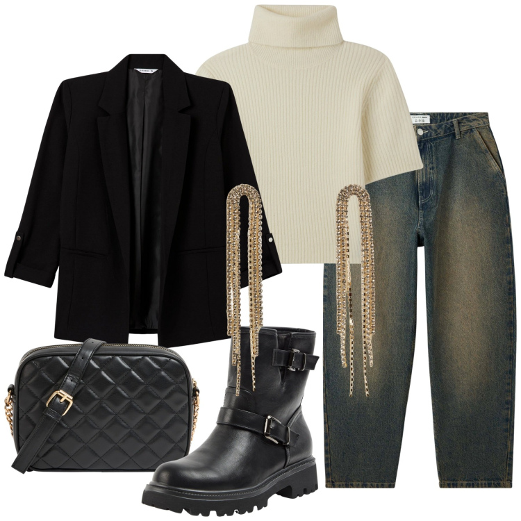 Outfit donna - Terranova - MID SEASON SALE. Stile Urban per Tutti i giorni. Abbinamento con blazer, maglieria, borse a tracolla, stivaletti, orecchini, jeans.