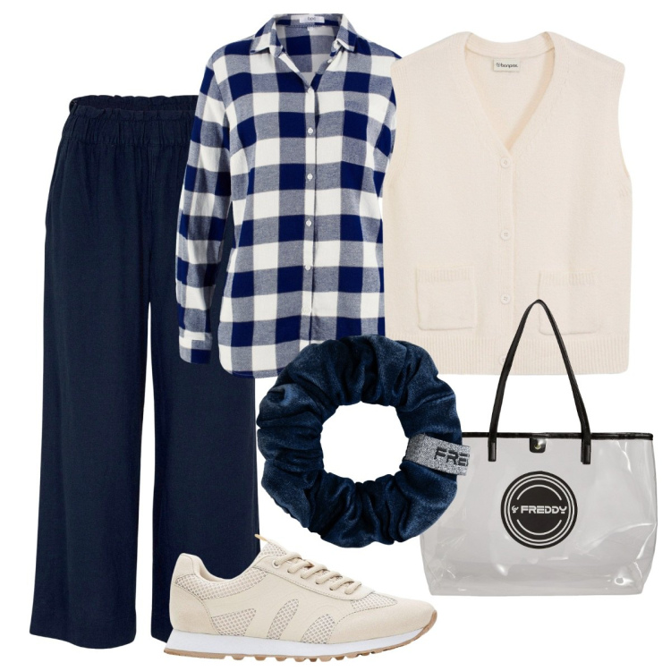 Outfit donna - Il gilet bianco. Stile Basic per Tutti i giorni. Abbinamento con pantaloni capri, camicie, sneakers, maglieria, shopping bag, accessori per capelli.