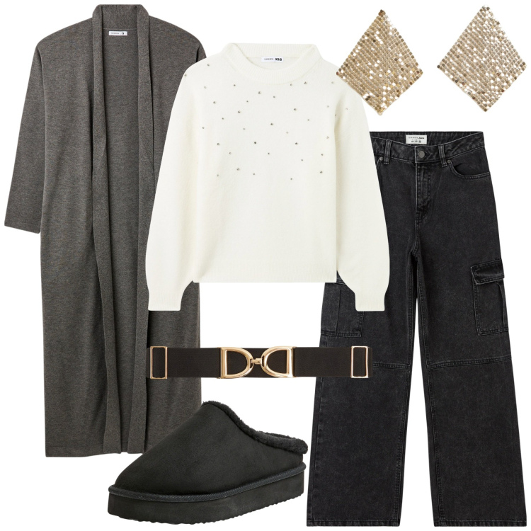 Outfit donna - Terranova - MID SEASON SALE. Stile Urban per Tutti i giorni. Abbinamento con jeans dritti, cardigans, sabot, orecchini, maglieria, cinture.