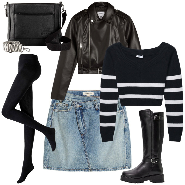 Outfit donna - La protagonista è lei. Stile Rock per Serata fuori. Abbinamento con collant, borse a tracolla, gonne, stivali, giacche, maglieria.