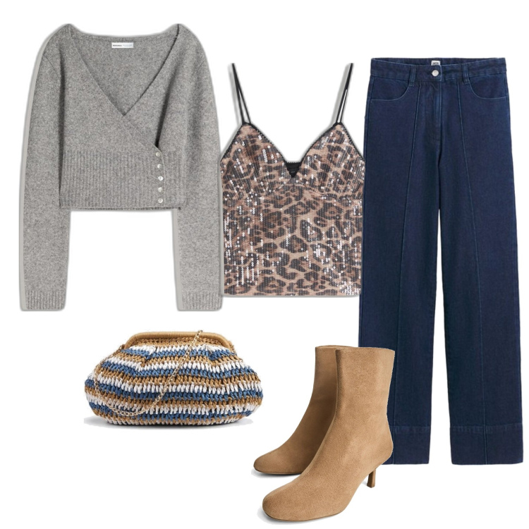 Outfit mujer - Casual chic #17097. Estilo Casual chic para Todos los días. Combinación con botines, cárdigans, vaqueros, bolsos de mano, top.