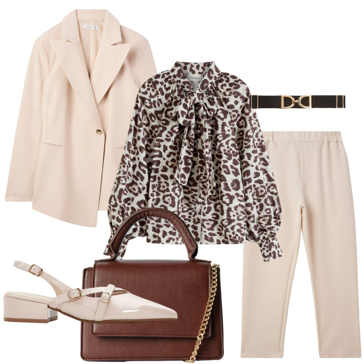 Outfit donna - Fantasia animalier. Stile Chic per Ufficio. Abbinamento con camicie, décolleté, blazer, cinture, pantaloni, borse a tracolla.