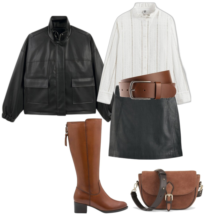 Outfit mujer - Casual chic #17098. Estilo Casual chic para Todos los días. Combinación con cinturones, bandoleras, minifaldas, blazers, camisas, botas.