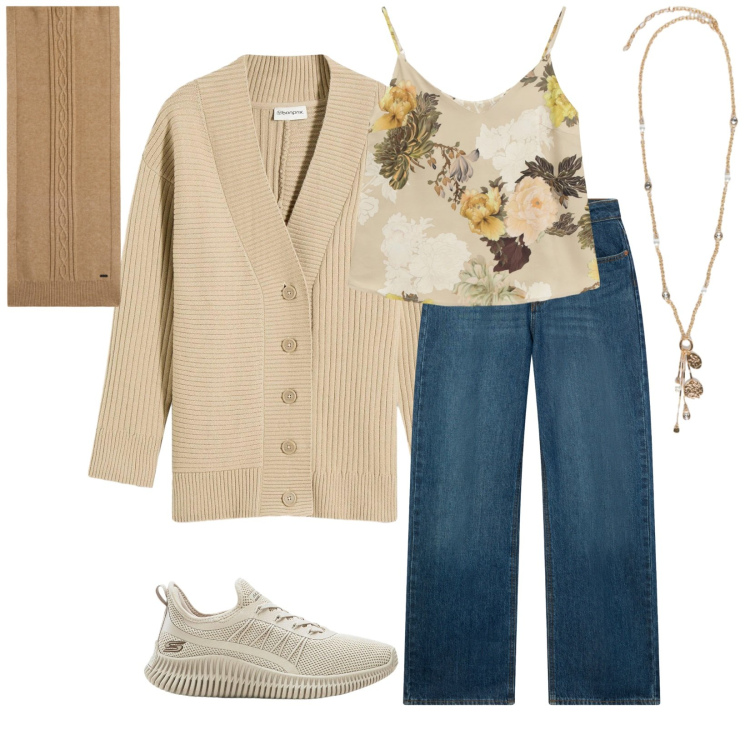 Outfit donna - Total look #2266911. Stile Casual per Tutti i giorni. Abbinamento con cardigans, sneakers, jeans, top, sciarpe, ciondoli.