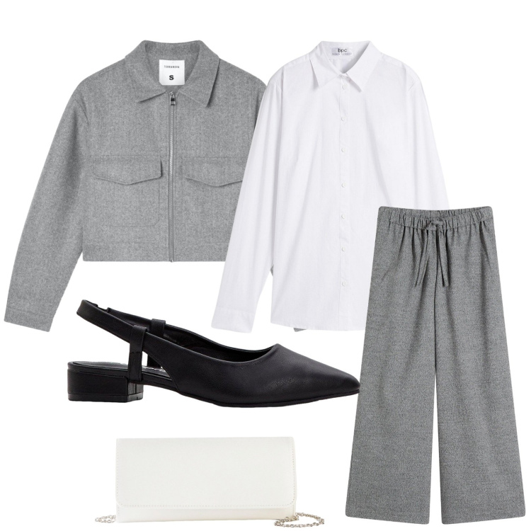Outfit donna - La camicia oversize. Stile Bon Ton per Tutti i giorni. Abbinamento con pantaloni a palazzo, camicie, décolleté, pochette, blazer.