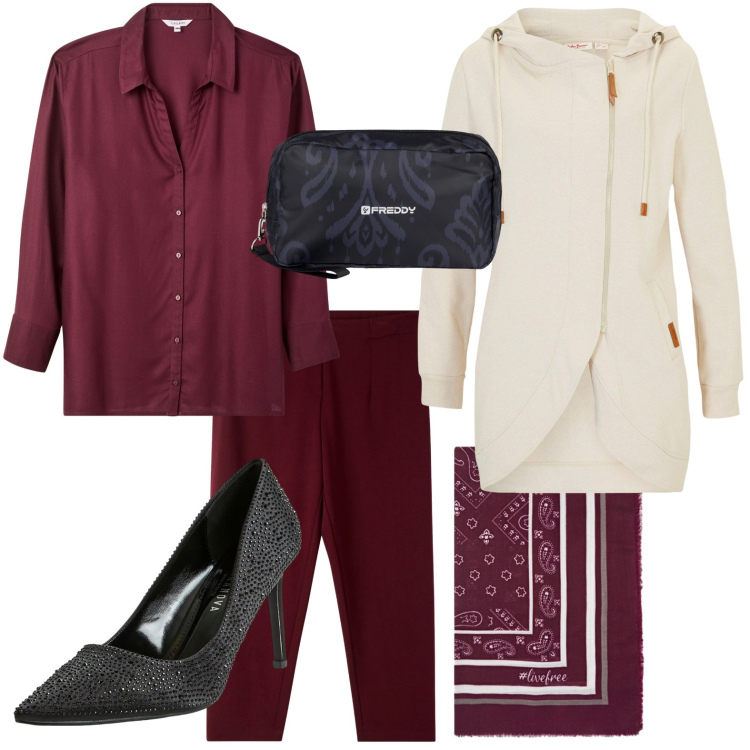Outfit donna - Fascino bordeaux. Stile Urban per Serata fuori. Abbinamento con blazer, camicie, pantaloni chino, décolleté, valigie, foulard.