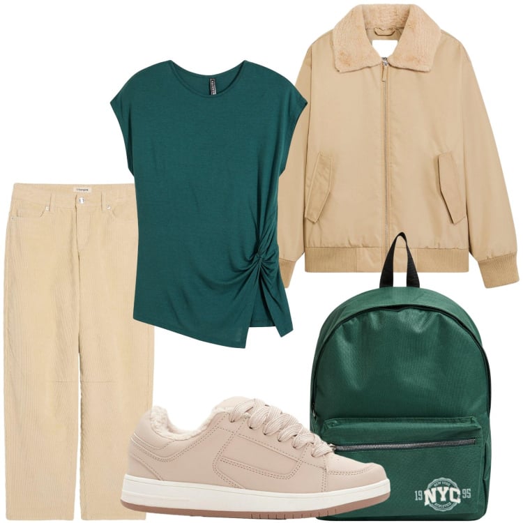 Outfit donna - Zaino per l\'uso quotidiano. Stile Minimal per Scuola/Università. Abbinamento con bluse, bomber, sneakers, pantaloni, zaini.