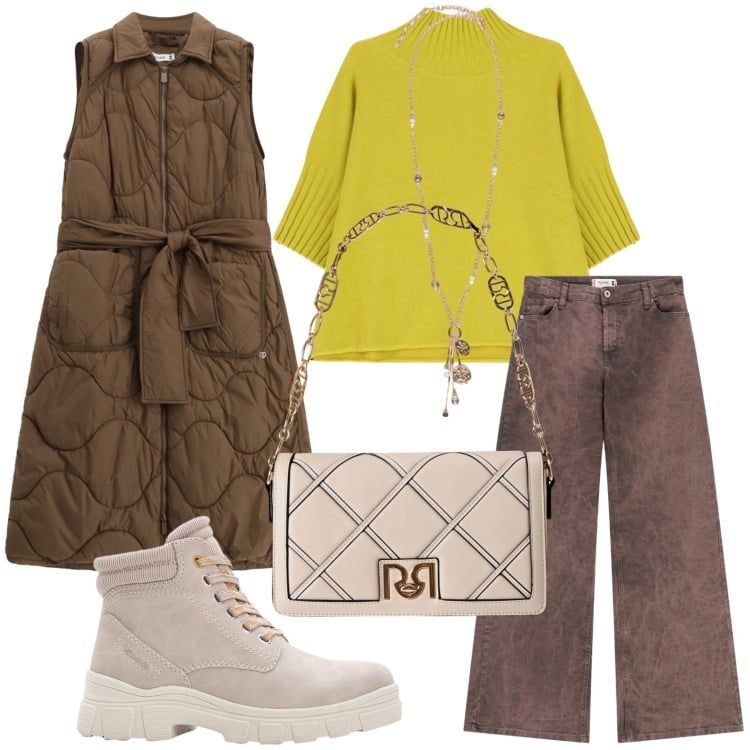 Outfit donna - Il look del giorno. Stile Urban per Ufficio. Abbinamento con stivaletti, pantaloni a palazzo, blazer, borse a tracolla, maglieria, ciondoli.