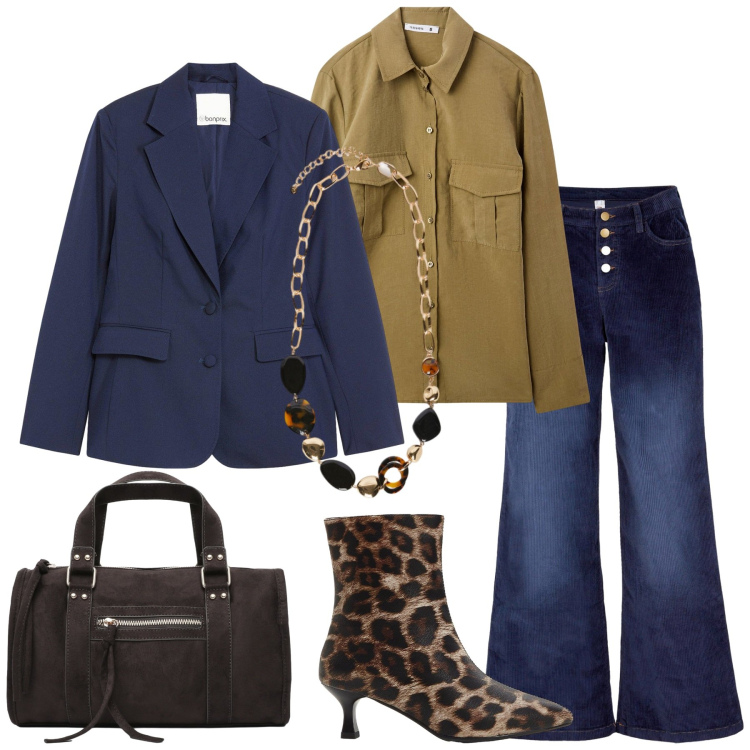 Outfit donna - Total look #2266920. Stile Glamour per Ufficio. Abbinamento con pantaloni, stivaletti, blazer, borse a mano, camicie, collane.