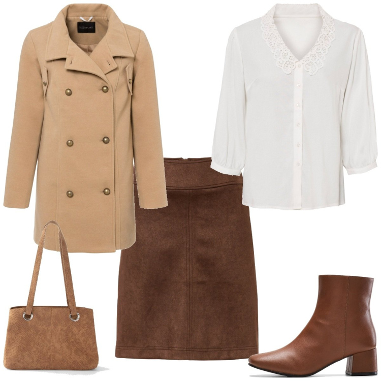 Outfit femme - Jupe en daim. Style Tendance pour Tous les jours. Assortir avec jupes, caban, bottines, sacs à main, chemisiers.