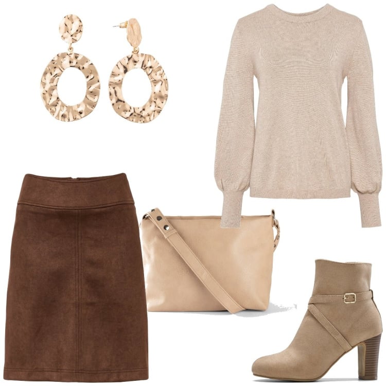 Outfit femme - Tendance #8433. Style Tendance pour Tous les jours. Assortir avec jupes, pulls, bottines, boucles d'oreilles, sacs à main.