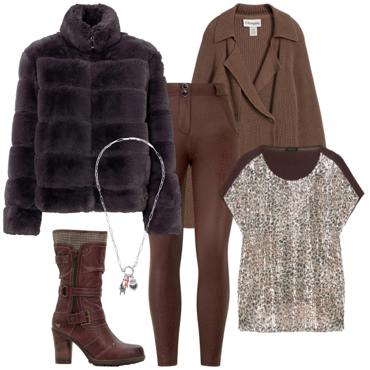 Outfit donna - Total look #2266926. Stile Glamour per Serata fuori. Abbinamento con ecopellicce, stivali, cardigans, ciondoli, pantaloni skinny, bluse.