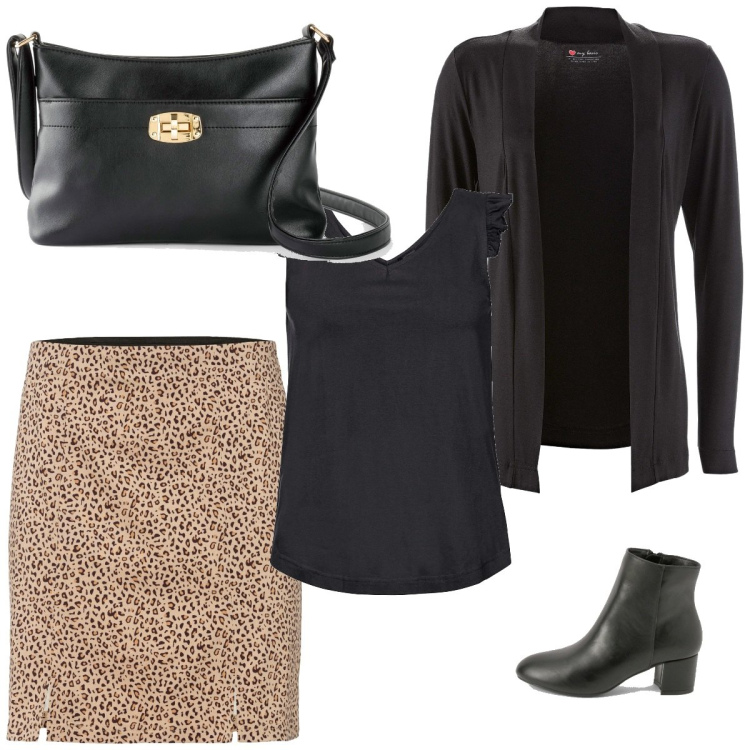 Outfit femme - Soirée touche animale. Style Ethnique pour Soirée dehors. Assortir avec jupes, gilets sans manche, hauts, sacs en bandoulière, bottines.