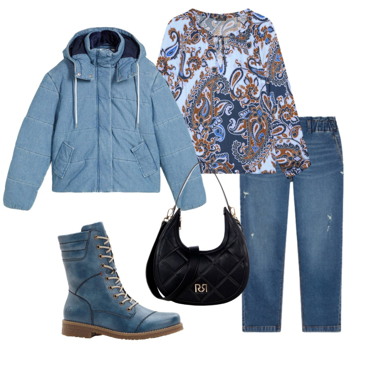 Outfit donna - Total look #2266929. Stile Casual per Tutti i giorni. Abbinamento con giacche, stivaletti, borse a tracolla, jeans strappati, bluse.