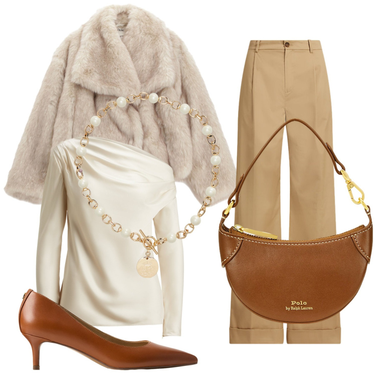 Outfit donna - Appuntamento romantico. Stile Bon Ton per Serata fuori. Abbinamento con blazer, bluse, borse a tracolla, collane, pantaloni, décolleté.