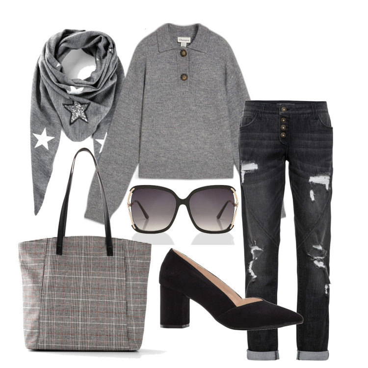 Outfit femme - Octobre. Style Casual chic pour Tous les jours. Assortir avec jean déchiré, sac cabas, chaussures à talon, pulls, écharpes, lunettes de soleil.