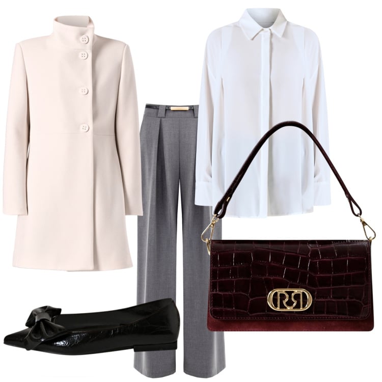 Outfit donna - Semplicità. Stile Bon Ton per Ufficio. Abbinamento con cappotti, pantaloni a palazzo, ballerine, camicie, borse a mano.