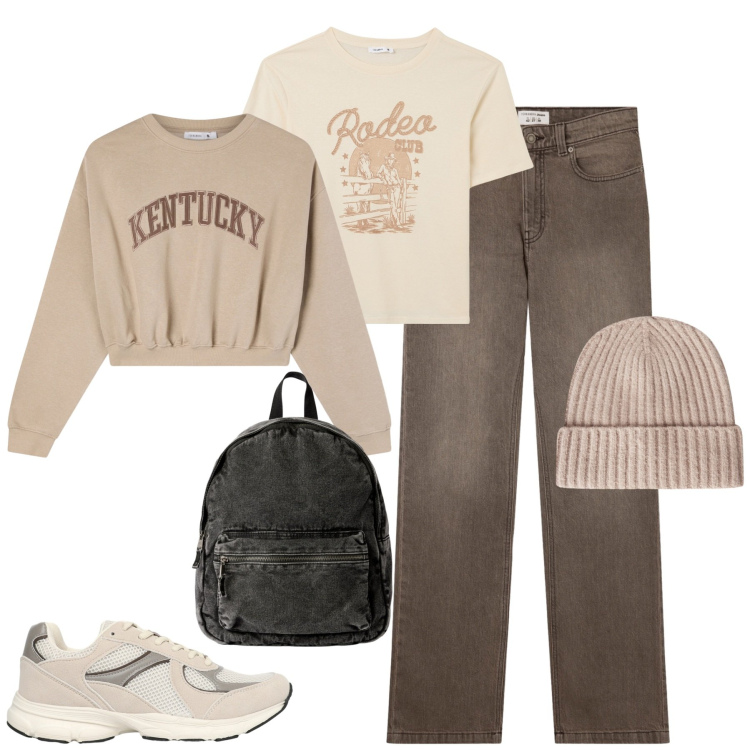 Outfit donna - Foliage. Stile Casual per Tutti i giorni. Abbinamento con t-shirt, zaini, jeans bootcut, sneakers, felpe, berretti.