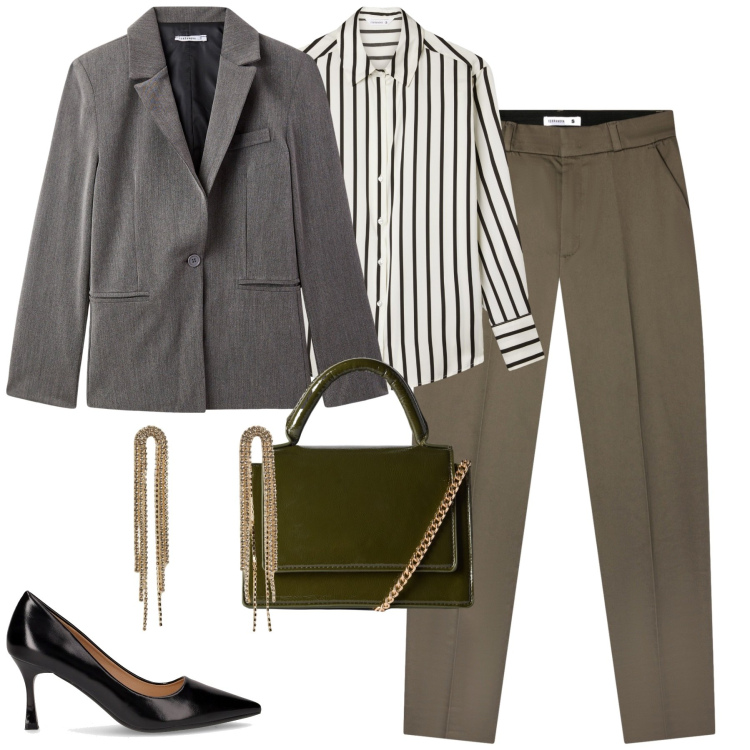 Outfit donna - Saldi. Stile Bon Ton per Tutti i giorni. Abbinamento con orecchini, blazer, borse a tracolla, pantaloni chino, camicie, décolleté.