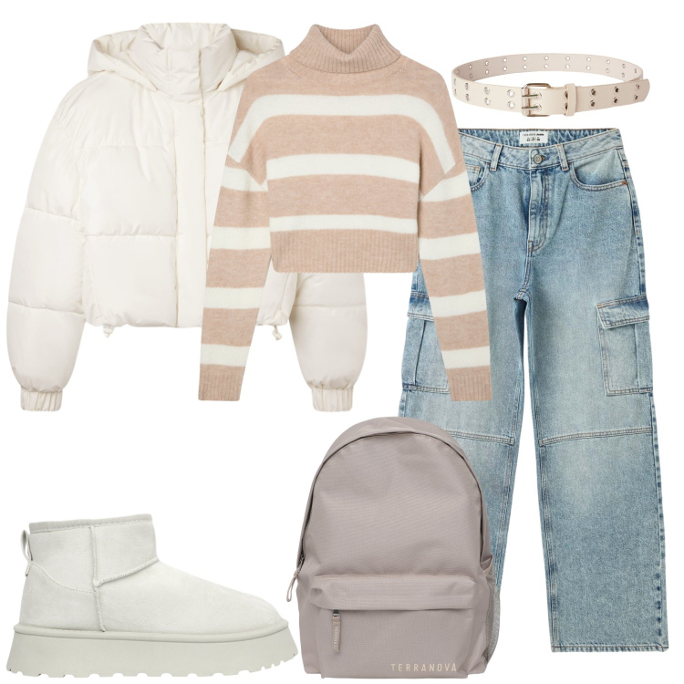 Outfit donna - A scuola con stile. Stile Urban per Scuola/Università. Abbinamento con jeans, bomber, stivaletti, zaini, cinture, maglieria.