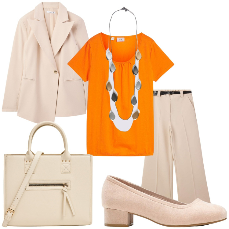 Outfit donna - Total look #2266944. Stile Casual chic per Tutti i giorni. Abbinamento con décolleté, t-shirt, pantaloni, shopping bag, blazer, collane.