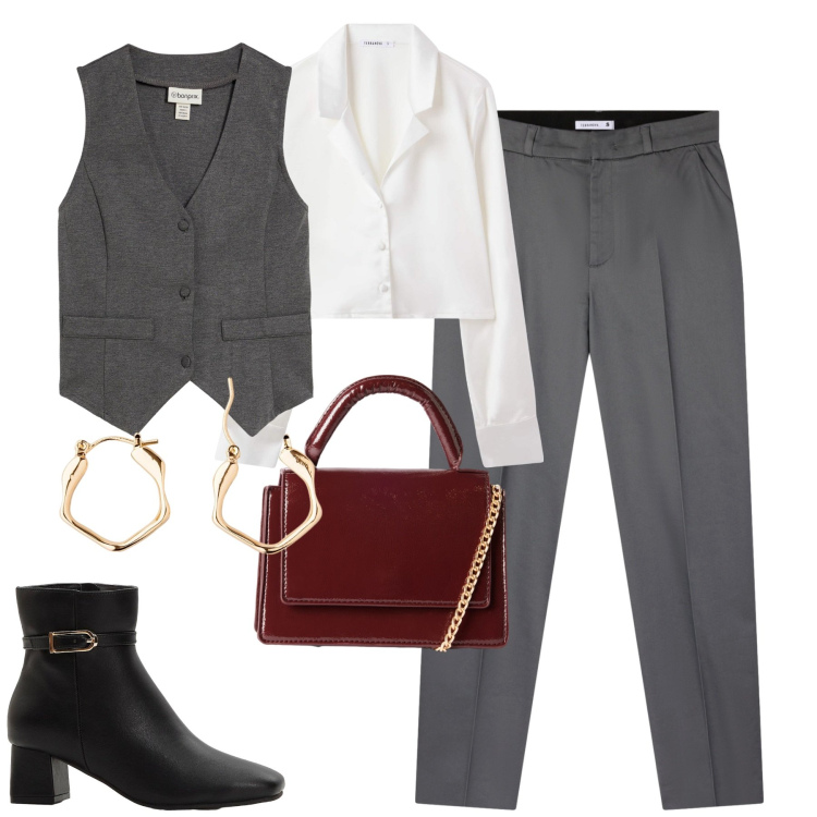 Outfit donna - In ufficio. Stile Trendy per Ufficio. Abbinamento con gilet, orecchini, stivaletti, pantaloni chino, camicie, borse a tracolla.