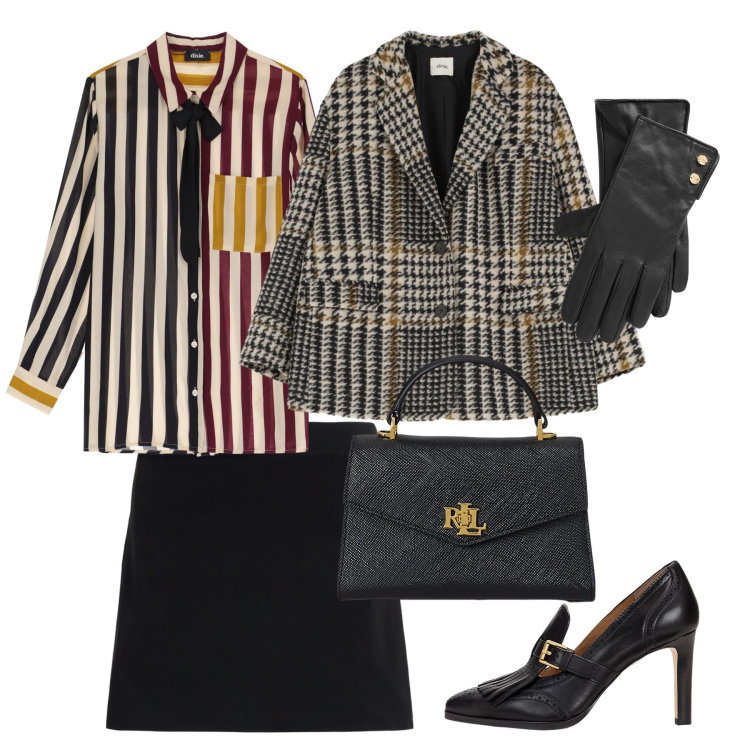 Outfit donna - Sporty and Chic. Stile Chic per Ufficio. Abbinamento con camicie, blazer, décolleté, borse a mano, minigonne, guanti.
