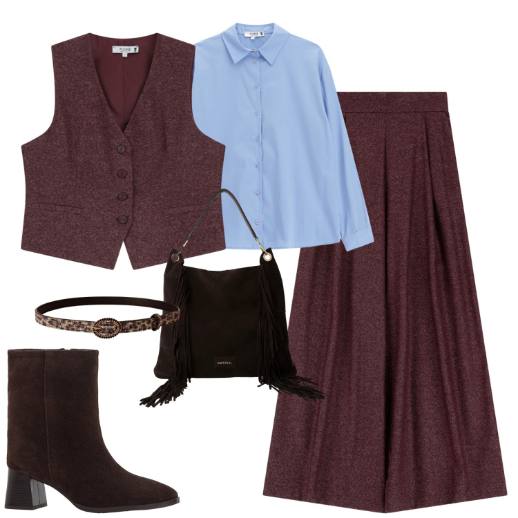 Outfit donna - Please. Stile Trendy per Tutti i giorni. Abbinamento con stivaletti, cinture, pantaloni a palazzo, camicie, gilet, borse a spalla.