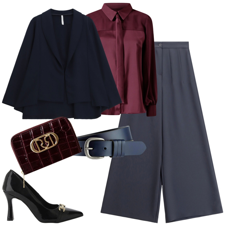 Outfit donna - Bordeaux e blu. Stile Trendy per Tutti i giorni. Abbinamento con cinture, portafogli, camicie, blazer, décolleté, pantaloni a palazzo.