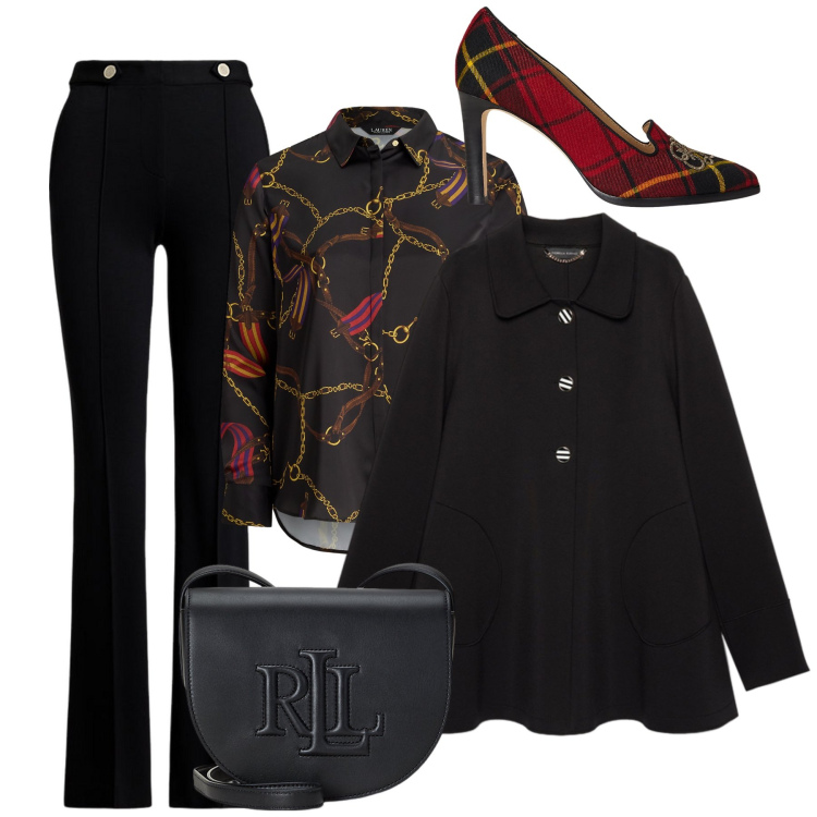Outfit donna - Righe e curve. Stile Chic per Serata fuori. Abbinamento con borse a tracolla, pantaloni, décolleté, camicie, blazer.