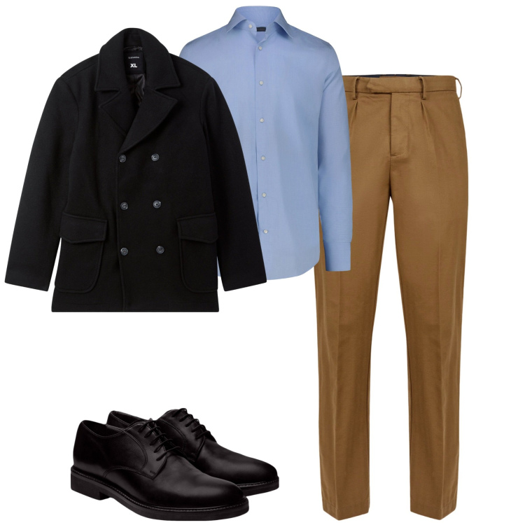 Outfit uomo - I pantaloni cammello. Stile Business/Elegante per Tutti i giorni. Abbinamento con caban, pantaloni, scarpe stringate, camicie.