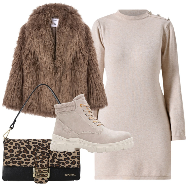 Outfit donna - Pelliccia color tabacco. Stile Casual per Tutti i giorni. Abbinamento con stivaletti, ecopellicce, vestiti corti, borse a spalla.