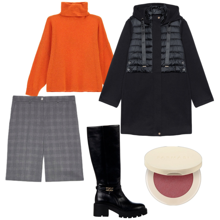 Outfit donna - Trucco e parrucco. per Tutti i giorni. Abbinamento con blush, stivali sopra il ginocchio, maglieria, piumini, bermuda.