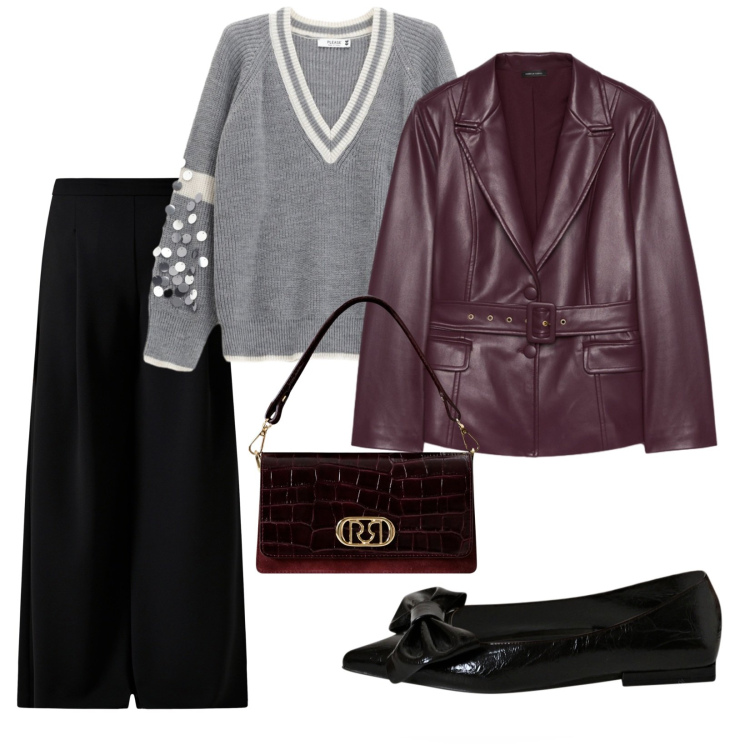 Outfit donna - Sabato. per Serata fuori. Abbinamento con pantaloni a palazzo, ballerine, borse a mano, maglieria, blazer.