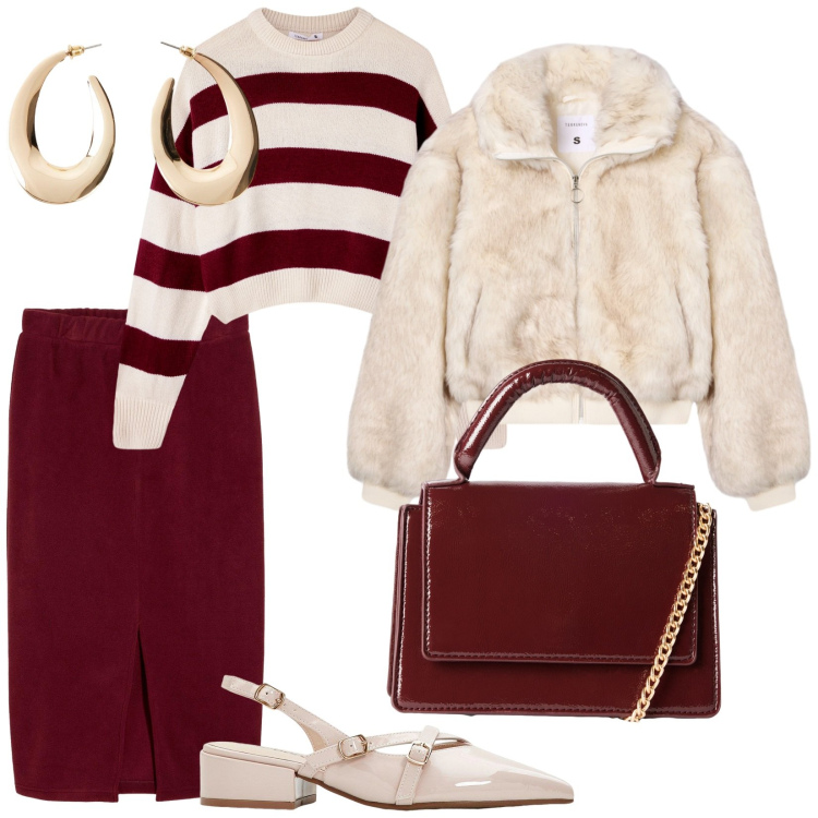 Outfit donna - Bordeaux. per Tutti i giorni. Abbinamento con gonne longuette, orecchini, décolleté, borse a tracolla, maglieria, ecopellicce.